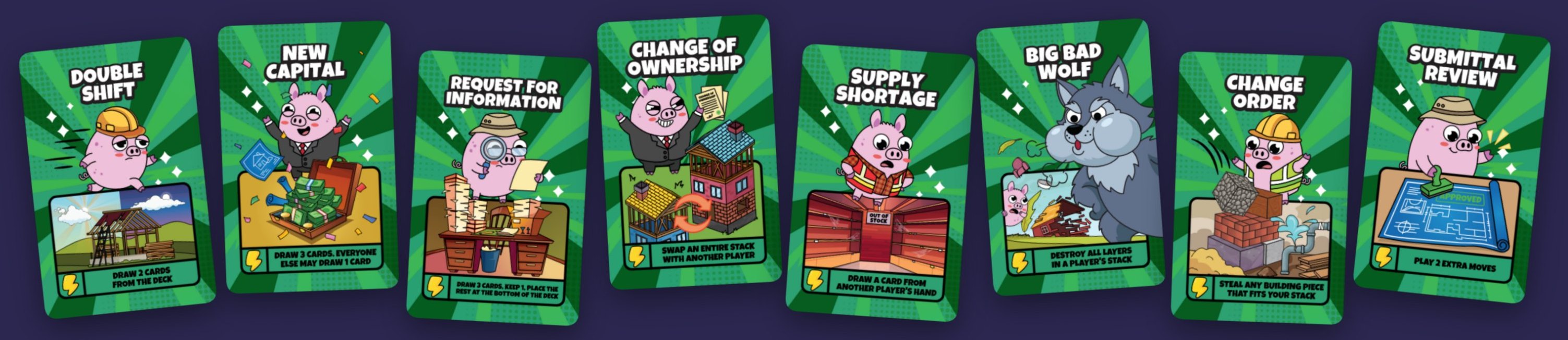 Action cards: Double Shift, New Capital, Request for Information, Change of Ownership, Supply Shortage, Big Bad Wolf, Change Order, Submittal Review